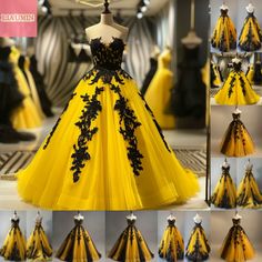 Yellow Wedding Dress The Bride Gowns, Yellow And Black Prom Dress, Big Ball Gown Wedding Dress, Hufflepuff Dress, Huffle Puff, Black And Yellow Dress, Yellow Evening Gown, Bridgerton Ball, Emerald Green Prom Dress