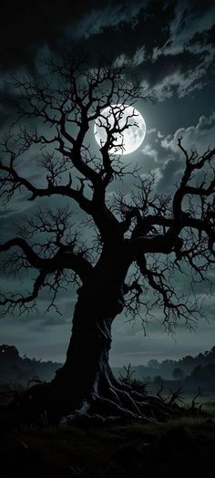 a tree with no leaves in front of a full moon and dark clouds above it