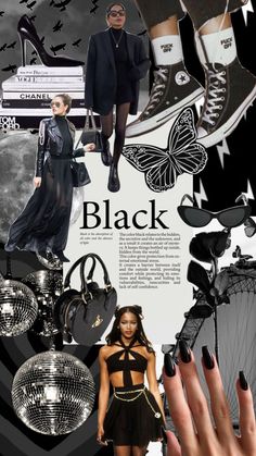 a collage of black and white images with shoes, handbags, purses