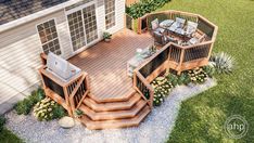 an aerial view of a deck and patio