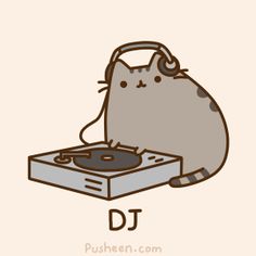 a drawing of a cat listening to a record player with the letter d on it