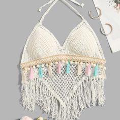 Tassel Pom Pom Tie Backless Halter Top Size S Or M Summer Fringe Halter Top, White Bohemian Halter Top For Beach, White Bohemian Halter Top For Beach Season, Beach Crop Top With Fringe Detail, White Bohemian Halter Top For Vacation, White Tassel Tops For The Beach, White Tassel Tops For Beach, Summer Beach Halter Top With Fringe, White Fringed Top For Vacation