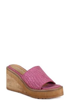 A shimmery woven strap adds a pop of color to a retro-chic sandal set on a stacked wedge heel. 3 1/4" heel; 1" platform Cushioned footbed Leather upper and lining/synthetic sole Imported Synthetic T-strap Wedge Heel Sandals For Summer, Pink Wedge Sandals With 4-inch Heel, Slip-on Platform Wedge Sandals In Synthetic, Multicolor Platform Slip-on Wedge Sandals, Chic Sandals, Synthetic Open-toe Wedge Sandals With Textured Sole, Platform Wedge, Platform Wedge Sandals, Shoe Inspo