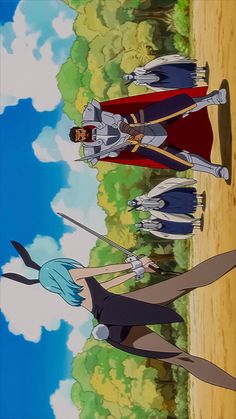 three anime characters standing in front of a blue sky and green field with trees behind them