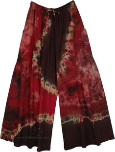 These cotton tie-dye pants feature a flowy wide-leg design, offering a relaxed, comfortable fit.  The tie-dye pattern showcases rich shades of red, maroon, and black, giving the pants a bold, artistic look. #tlb #SplitSkirtsPants #TieDye #bohemianfashion #hippieloungepants Tie Dye Wide Leg Bottoms For Festival, Hand Dyed Cotton Wide Leg Bottoms, Hand Dyed Tie Dye Summer Pants, Hand Dyed Tie Dye Pants For Summer, Bohemian Tie Dye Cotton Bottoms, Tie Dye Wide Leg Pants With Pockets, Tie-dye Cotton Wide Leg Pants, Tie-dye Wide Leg Cotton Pants, Tie Dye Wide Leg Cotton Pants