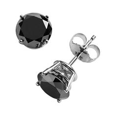 These black diamond solitaire earrings will add dramatic beauty to any ensemble.Earring Details: Diameter: 6-mm Backing: post Metal: rhodium-plated 10k white goldDiamond Details: Carat total weight: 2 Cut: round Color: black Setting: prongImage(s) may be enlarged to show detail.Diamond weights are approximate. Diamond total weights may vary between .01 and .08 ct. Some diamonds have fewer than 17 facets.Please note, due to the high value of this item, a signature may be required upon delivery.Ge Bead Cuff Bracelet, Black Diamond Earrings Studs, Black Diamond Solitaire, Black Diamond Studs, Diamond Solitaire Earrings, Black Diamond Earrings, Post Metal, Solitaire Earrings, White Gold Earrings