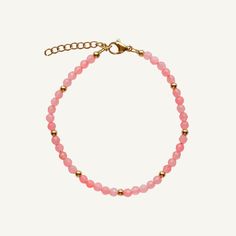 A wearable embrace of the rosy warmth of summer's embrace. This beaded stacking bracelet captures the essence of a sunlit dawn, exuding the delicate blush of blooming petals. Wear it alone for a subtle pop of color, or layer it with other pieces to craft your own personalized palette of shades. Its flexible design ensures comfort without compromise on style. Created with a stainless steel base and utilizing an extra luxurious 18 karat gold plating for the perfect, water & sweat proof finish. 18k Pink Faceted Beaded Bracelets For Everyday, Everyday Pink Beaded Bracelets With Faceted Beads, Elegant Adjustable Coral Beaded Bracelet, Elegant Adjustable Crystal Bracelet For Spring, Adjustable Rose Quartz Beaded Bracelets, Beaded Bracelets For Everyday Spring Wear, Adjustable Feminine Rose Gold Bracelets, Everyday Beaded Bracelets For Spring, Rose Gold Bracelets With Colorful Round Beads