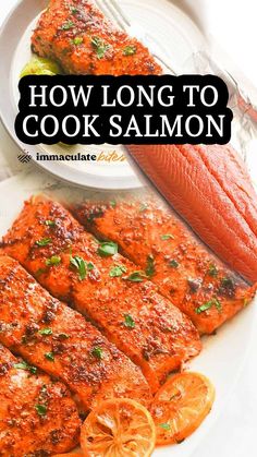 how long to cook salmon on a plate with lemons and parsley next to it