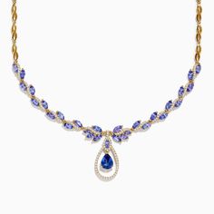 Effy 14K Yellow Gold Tanzanite and Diamond Necklace Elegant Multi-stone 14k Gold Necklaces, Elegant 14k Gold Multi-stone Necklaces, Elegant 14k Gold Multi-stone Necklace, Elegant Tanzanite Necklaces For Anniversary, Elegant Tanzanite Necklace For Formal Occasions, Elegant Formal Tanzanite Necklaces, Elegant Formal Tanzanite Necklace, Gold Tanzanite Jewelry With Brilliant Cut, Fine Jewelry Tanzanite Necklaces For Wedding