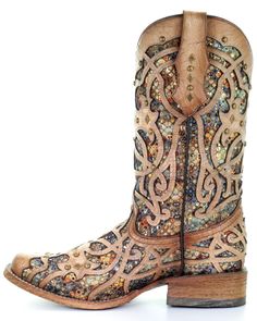 Corral Women's Bone Inlay Western Boots - Square Toe, Ivory Square Toe Boots Cowgirl, Corral Boots Womens, Cute Cowgirl Boots, Dressy Boots, Boots Mid Calf, Hippie Boots, Bota Country, Inlay Design, Corral Boots