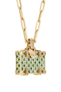 Nevernot large tsavorite travel necklace in yellow gold. 14K Yellow Gold 0.36 Ct Diamonds, 2.88 Ct Tsavorites, 2.7 Ct orange Sapphires, 0.03 Ct pink Sapphires. Pendant 3x2cm, 50cm L Luxury Green Diamond Necklace As Gift, Luxury Green Diamond Necklace Gift, Luxury Yellow Gold Tsavorite Jewelry, Luxury Green Tsavorite Necklace, Luxury Tsavorite Yellow Gold Jewelry, Luxury Tsavorite Gemstone Necklace, Luxury Yellow Gold Tsavorite Necklaces, Yellow Gold Pendant Necklaces For Travel, Luxury Tsavorite Pendant Jewelry