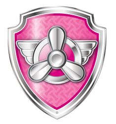 a pink and silver shield with wings on it