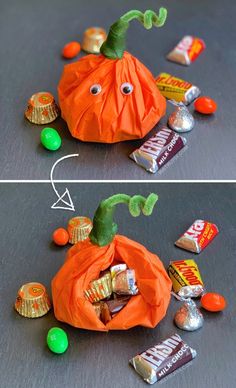 an easy pumpkin treat bag made out of candy