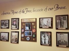 a wall with many framed photos on it and the words america true of the free because of our brave