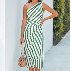 Cup She, Nwt, Cabana Stripe Faux Wrap Dress With One Shoulder Styling. White One-shoulder Dress For Garden Party, White One-shoulder Garden Party Dress, Chic Lined Green Midi Dress, Summer Striped One-shoulder Dress, Striped One-shoulder Summer Dress, Chic Green Lined Midi Dress, White One-shoulder Midi Dress For Vacation, White One-shoulder Midi Dress For Summer, White One Shoulder Maxi Dress For Day Out