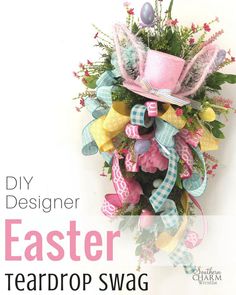 an easter wreath with pink, blue and yellow ribbons on it that says diy designer easter tear drop swag