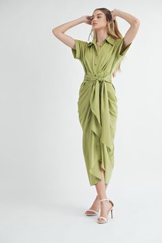 Flattering short sleeve satin button-down midi dress Features front tie detailing for a stylish touch True-to-size fit ensures a flattering silhouette Fabric composition: 95% Polyester, 5% Spandex Work Meetings, Modest Tops, Neon Coral, Dress Satin, Dresses By Length, Crop Top Blouse, Satin Material, New Arrival Dress, Modest Dresses