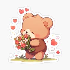 a brown teddy bear holding a bouquet of flowers in its paws with hearts on the background