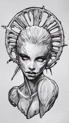 a drawing of a woman's face with spikes on her head and nails in her hair