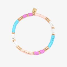 Channel cotton candy skies in your bracelet stack with the Sunset Stretch Bracelet. This style takes the PV stretch bracelets you know and love and recreates them with a fresh colorway that combines colorful, pastel heishi discs with intermittent glimmering gold-plated details. WaterproofGo surf, snowboard, or even take a shower with them on. Easy On and Off One size fits most, easy to slip on and off. - Total length of bracelet is 6.25"- Vinyl discs are strung on durable stretch cord- Vinyl dis Pink Heishi Beads Stretch Bracelet, Everyday Pink Heishi Beads Stretch Bracelet, Multicolor Stacked Heishi Beads Stretch Bracelet, Pink Stackable Heishi Beads Bracelets, Pink Heishi Beads Stretch Bracelet Stackable, Pink Stackable Heishi Beads Stretch Bracelet, Cotton Candy Skies, Cotton Candy Sky, Layered Rings