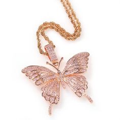 Pendant with matching chain 18K Rose Gold Plated over alloy metal 18" or 24" long rope chain, upgrade to tennis chain available Pink zircon diamond stones The Butterfly Effect, Diamond Ice, Gold Rope Chains, Letter Pendant Necklace, Butterfly Pendant Necklace, Butterfly Effect, Rose Gold Chain, Diamond Chain, Custom Name Necklace