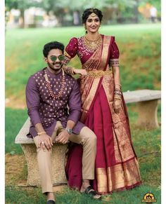 Matching Bride And Groom Wedding Outfits Indian, Traditional Reception Look, Couple Traditional Outfits Indian, Engagement Couple Outfits Indian, Reception Couple Dress Indian, South Indian Engagement Outfit, Couple Dress Matching Indian, Indian Engagement Outfit