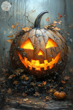 a painting of a jack o lantern in the woods