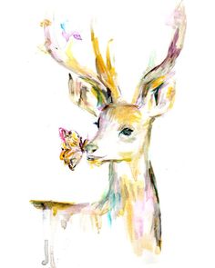 a painting of a deer with a butterfly on it's antelope head