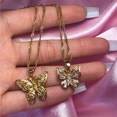 Gold Metal Butterfly Necklace, Gold Butterfly Chain Jewelry, Gold Butterfly Metal Jewelry, Gold Butterfly-shaped Metal Jewelry, Butterfly Shaped Necklace With Chain As Gift, Dainty Gold Alloy Charm Necklaces, Gold Metal Crystal Necklace, Butterfly Shaped Clavicle Chain Jewelry, Gold Metal Round Crystal Necklace