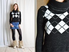 Vintage 90s Black White Silver Argyle Ribbed Knit Turtle Neck Sweater Marked size: 1 Estimated Size: XS Bust: 30 In (76 cm) Sweater length: 18.2 In (46 cm) Sleeve length: 20.9 In (53 cm) Shoulder to shoulder: 13 In (33 cm) Material: 95% acrylic 5% lycra The model in this pic is 170cm tall (Size S) 🥦 Do the best you can 🔑 Be sure to contact us with any questions :) Extra Dresses, Turtle Neck Sweater, Denim Mini Skirt, Women Pullover, Grey Stripes, White Silver, Distressed Denim, Turtleneck Sweater, Neck Sweater