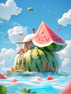 a watermelon house floating on top of a body of water surrounded by clouds