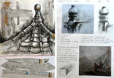 an open book with drawings on it and pictures of buildings in the pages, including a woman's dress