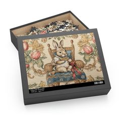 a puzzle box with a rabbit sitting on a chair