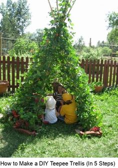 two children and an adult are building a tree