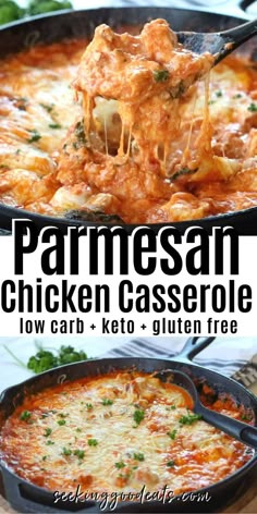 two pictures showing different types of parmesan chicken casserole with text overlay that reads, parmesan chicken casserole low carb and keto gluen free