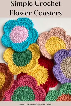 crochet flower coasters with the words simple crochet flower coasters