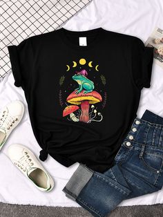 Cottagecore Aesthetic Goblincore Frog Wizard On Mushroom Women's T Shirts Hip Hop T-shirt Sport Casual Clothes Summer Brand Tops Goblincore Short Sleeve T-shirt For Summer, Summer Goblincore Short Sleeve T-shirt, Summer Goblincore T-shirt With Short Sleeves, Summer Goblincore Style Short Sleeve T-shirt, Frog Wizard, Clothes Summer, Cottagecore Aesthetic, Casual Clothes, Women's T Shirts