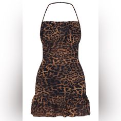 Brown Leopard Print Woven Halterneck Frill Hem Bodycon Dress Polyester - 100% Halloween Costumes Outfits, Plt Dresses, Draped Bodycon Dress, Rose Pink Dress, The Witching Hour, White Knit Dress, Oversized Shirt Dress, Black Polka Dot Dress, Halloween Costume Outfits