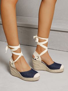 Blue Vacation    Colorblock Court Wedges    Women Shoes Blue Wedge Heel Espadrilles For Spring, Blue Wedge Heel Espadrilles For Beach, Blue Espadrille Platform Wedge Sandals, Blue Closed-toe Wedge Sandals For Summer, Denim Espadrilles, Blue Wedges, Blue Open-toe Espadrilles With Woven Sole, Strappy Wedges