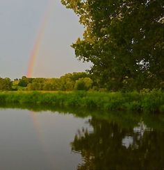 a rainbow shines in the sky over a lake with trees and grass around it