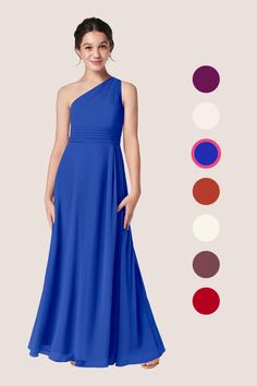 a woman in a long blue dress standing next to color swatches and the same image