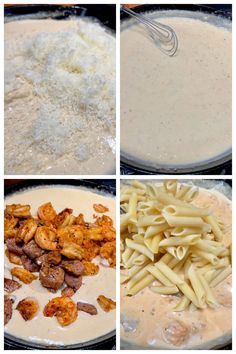 four pictures showing different types of pasta and sauces in various stages of being mixed together