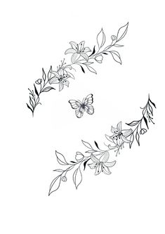 two butterflies flying over flowers and leaves on a white background with the letter e in it's center