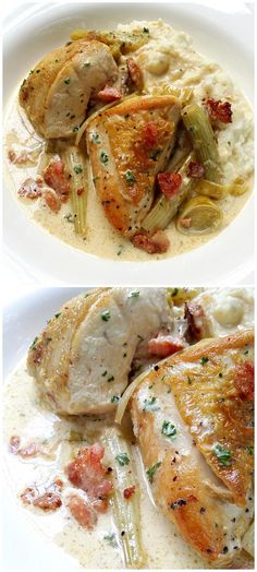 two pictures of chicken and artichokes in white sauce on top of each other