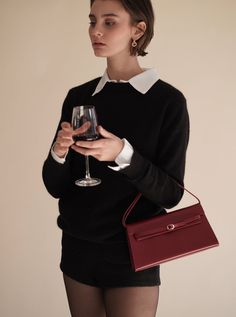 Dark Cherry Shoulder Bag(Pre-Order Only. Will Ship Aug.29th) Trendy Formal Bags With Turn-lock Closure, Trendy Formal Bag With Turn-lock Closure, Elegant Shoulder Bag With Turn-lock For Work, Elegant Shoulder Bag With Turn-lock Closure For Work, Modern Formal Satchel With Turn-lock Closure, Chic Business Satchel For Fall, Chic Fall Business Satchel, Classic Baguette Bag For Office With Dust Bag, Classic Clutch Baguette Bag With Detachable Handle