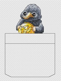 a cross stitch penguin holding a gold coin in his pocket