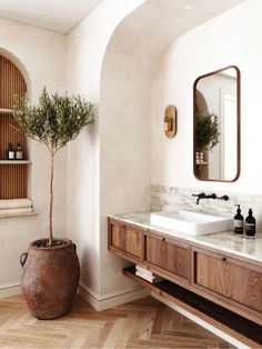 a bathroom with two sinks and a large potted plant in the middle of the room