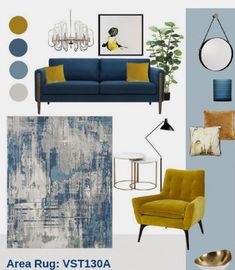 a living room with blue, yellow and white furniture in it's color scheme