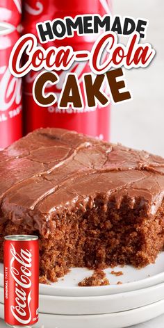 a close up of a piece of cake on a plate with coca - cola in the background