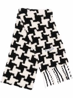 black/white alpaca blend knitted construction wraparound style houndstooth pattern tasselled edge logo patch White Coat Outfit, White Alpaca, Black And White Coat, Edge Logo, Houndstooth Scarf, Acne Studio, Acne Shop, Colorful Scarf, Houndstooth Pattern